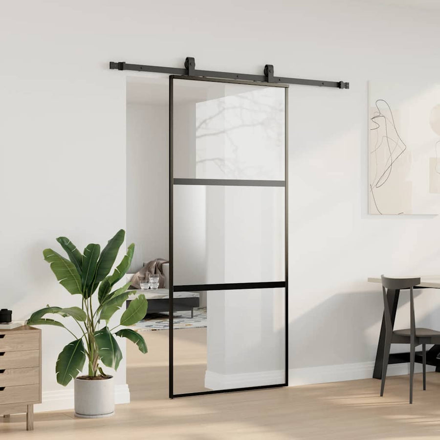 Schuifdeur met beslagset 90x205 cm gehard glas zwart