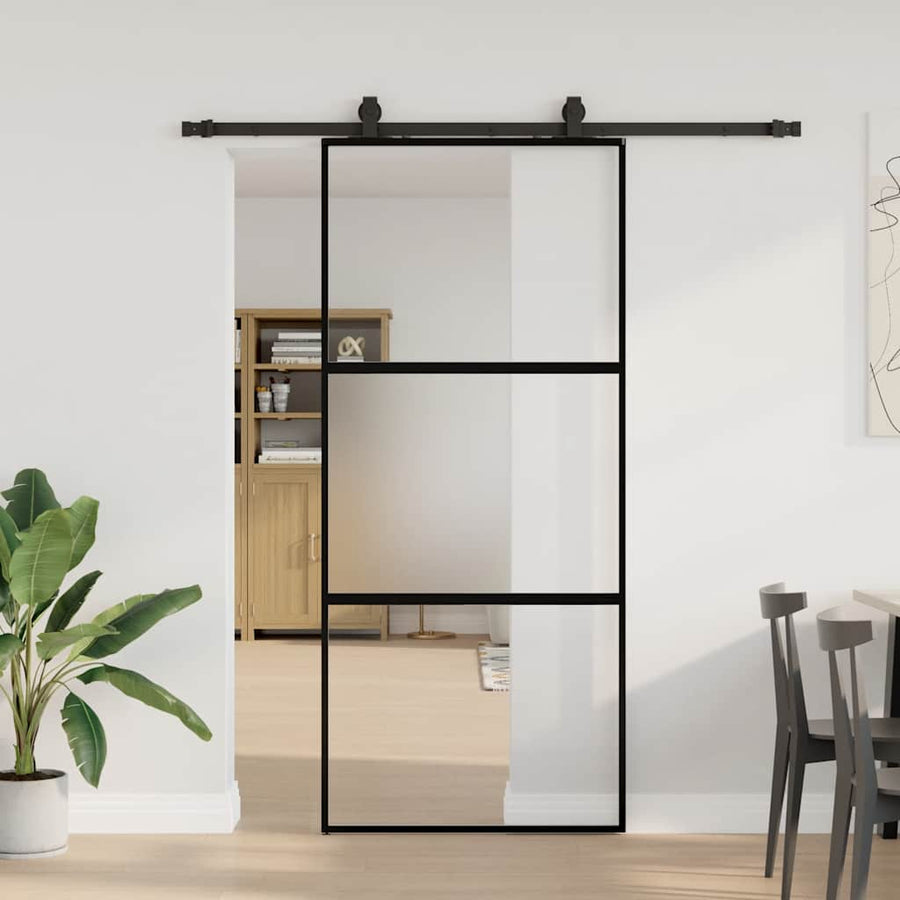 Schuifdeur met beslagset 90x205 cm gehard glas zwart