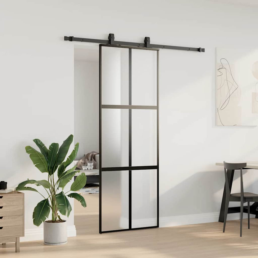 Schuifdeur met beslagset 76x205 cm gehard glas zwart