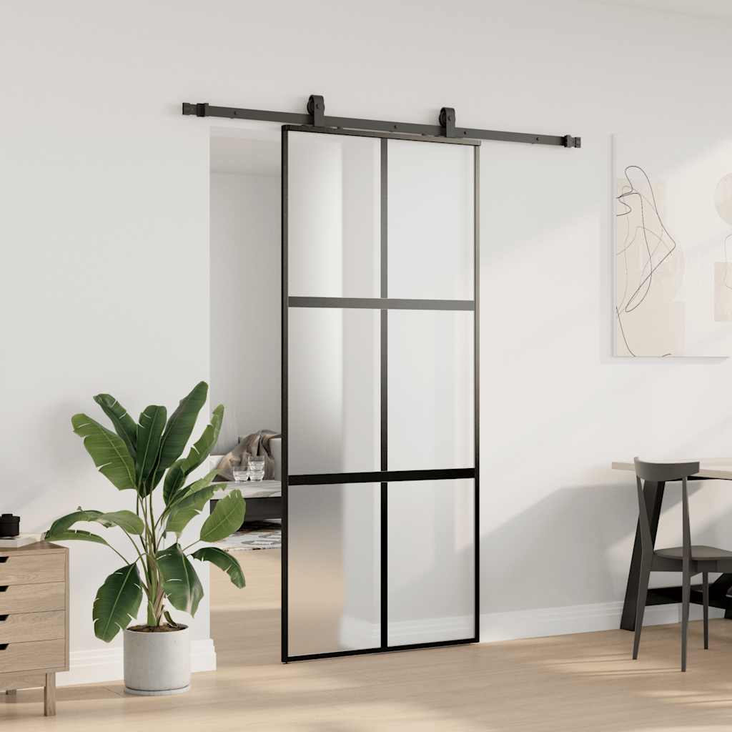 Schuifdeur met beslagset 90x205 cm gehard glas zwart