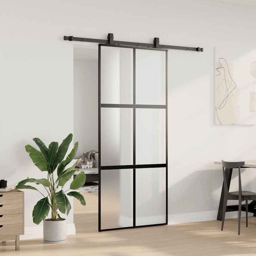 Schuifdeur met beslagset 90x205 cm gehard glas zwart