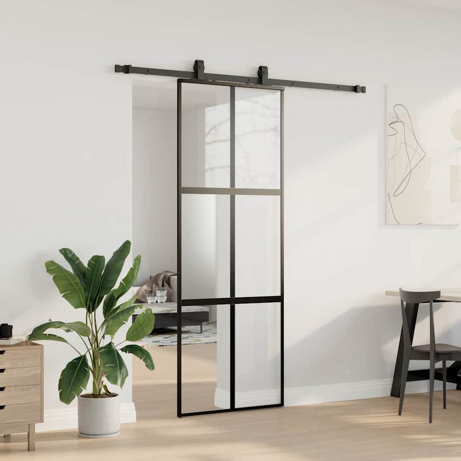 Schuifdeur met beslagset 76x205 cm gehard glas zwart