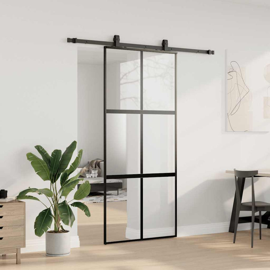 Schuifdeur met beslagset 90x205 cm gehard glas zwart