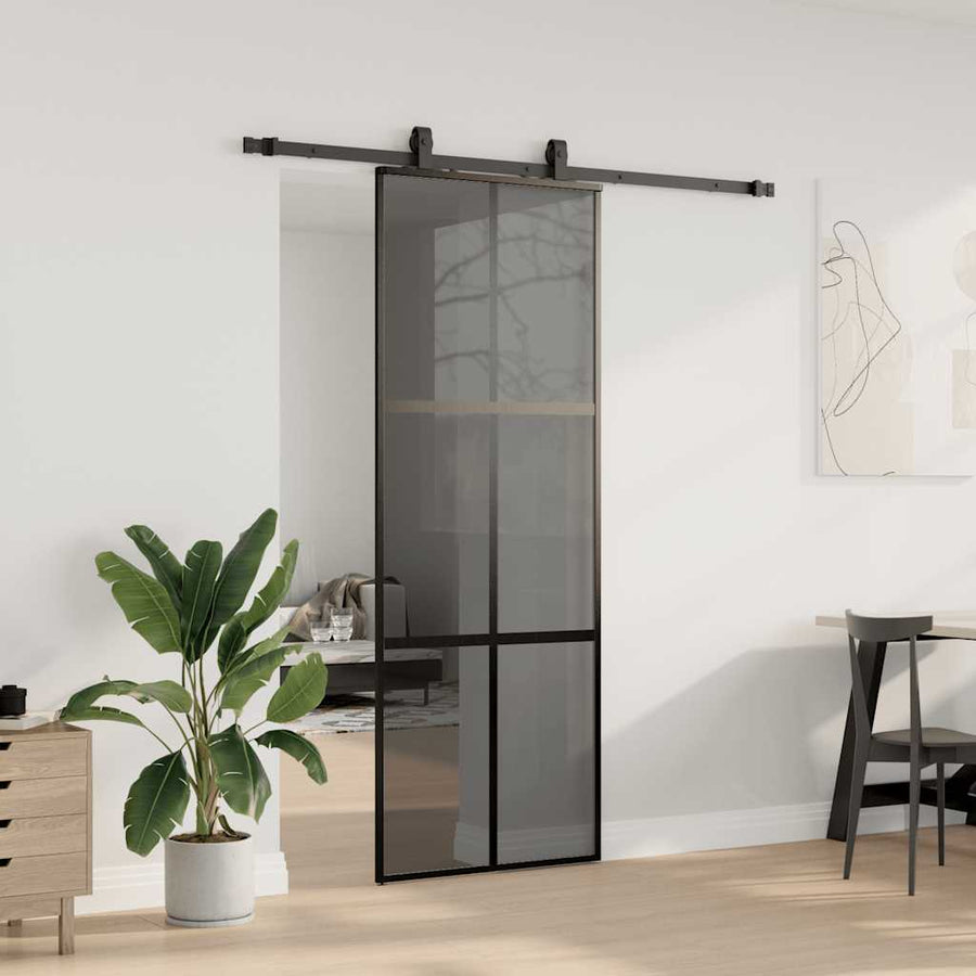 Schuifdeur met beslagset 76x205 cm gehard glas zwart