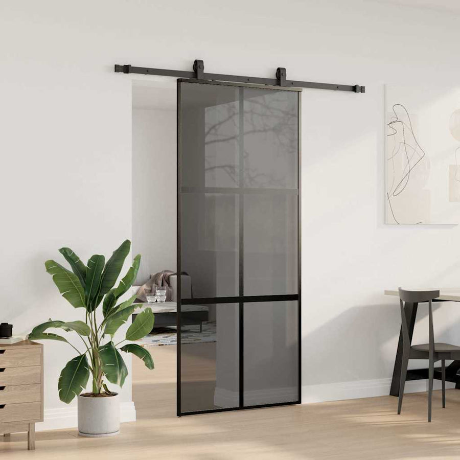 Schuifdeur met beslagset 90x205 cm gehard glas zwart
