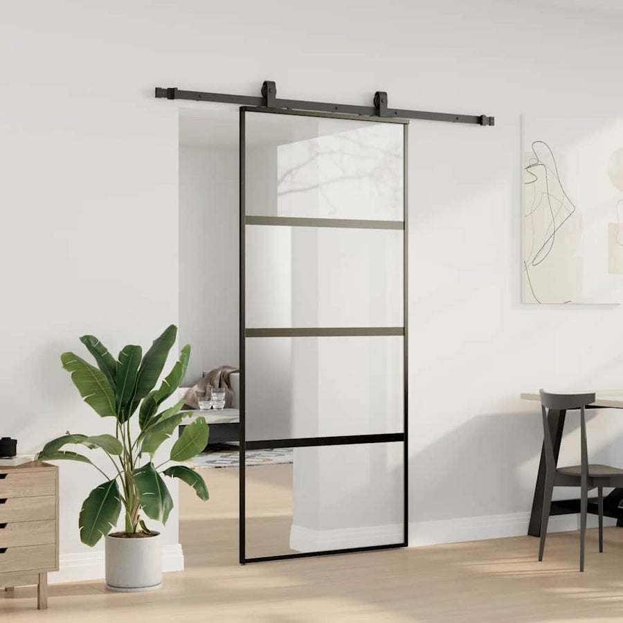Schuifdeur met beslagset 90x205 cm gehard glas zwart