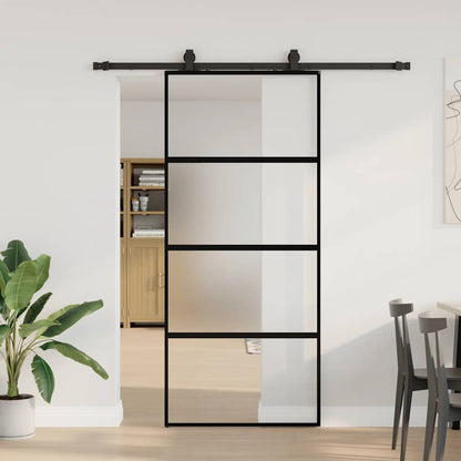 Schuifdeur met beslagset 90x205 cm gehard glas zwart