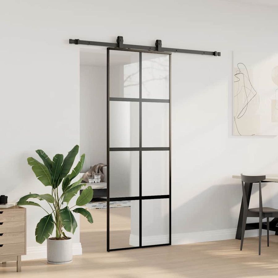 Schuifdeur met beslagset 76x205 cm gehard glas zwart