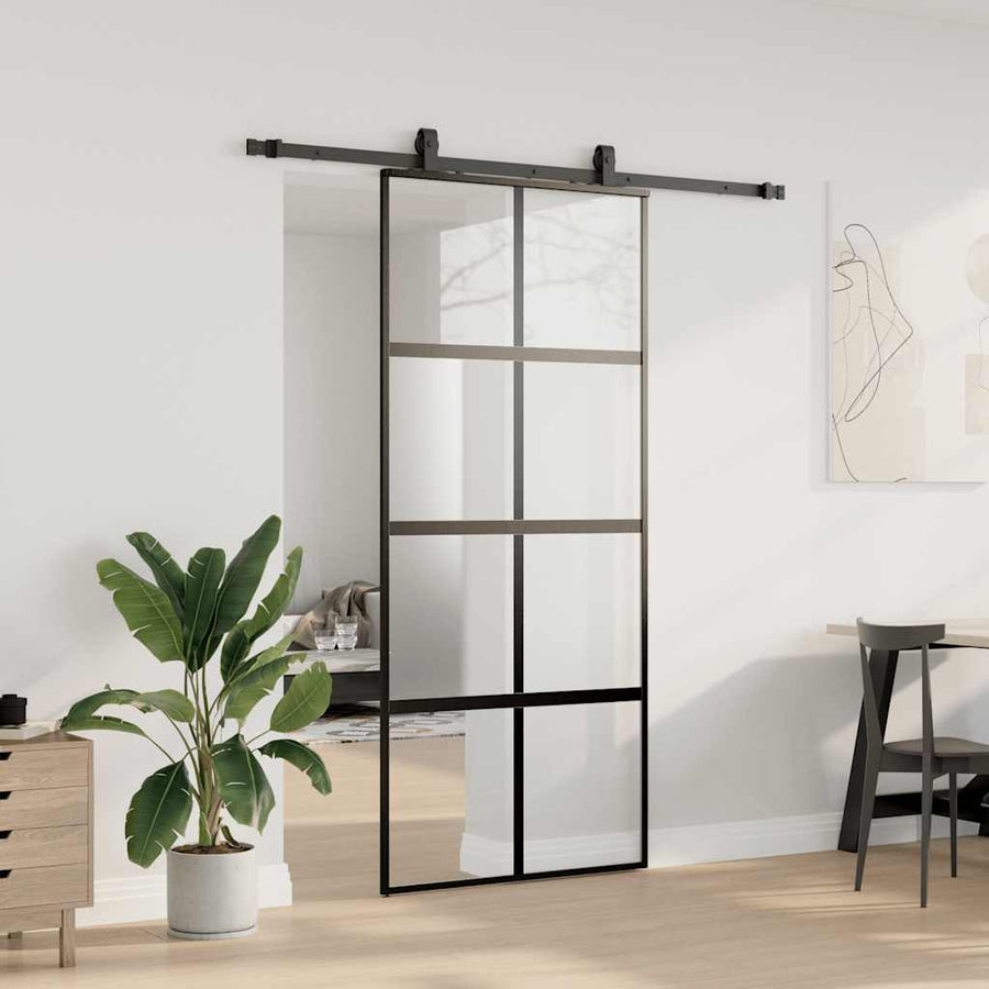 Schuifdeur met beslagset 90x205 cm gehard glas zwart