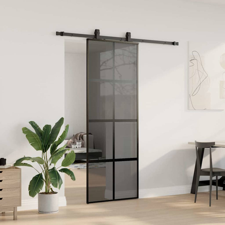 Schuifdeur met beslagset 76x205 cm gehard glas zwart