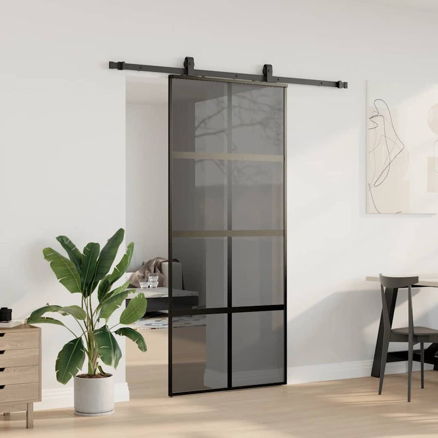 Schuifdeur met beslagset 90x205 cm gehard glas zwart
