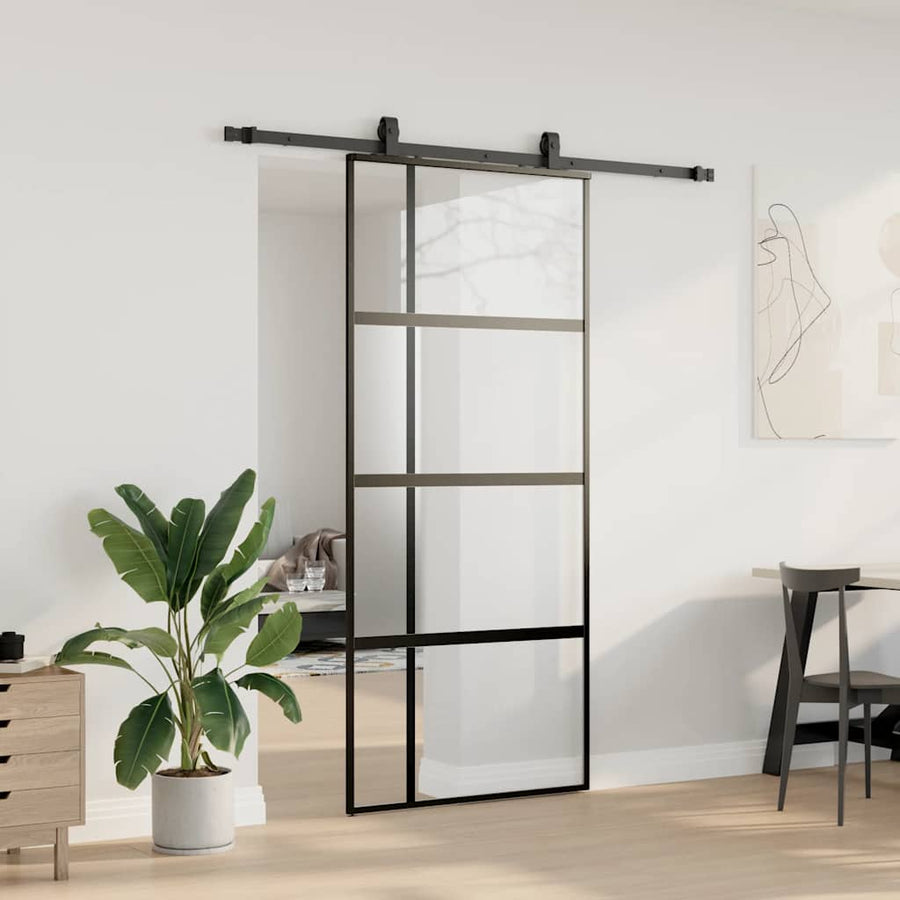 Schuifdeur met beslagset 90x205 cm gehard glas zwart
