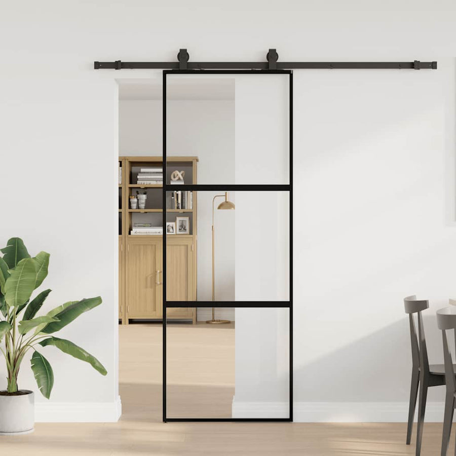Schuifdeur met beslagset 76x205 cm gehard glas zwart