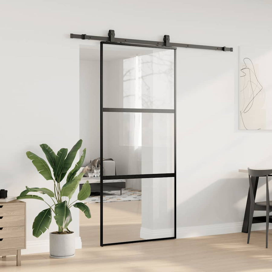 Schuifdeur met beslagset 90x205 cm gehard glas zwart
