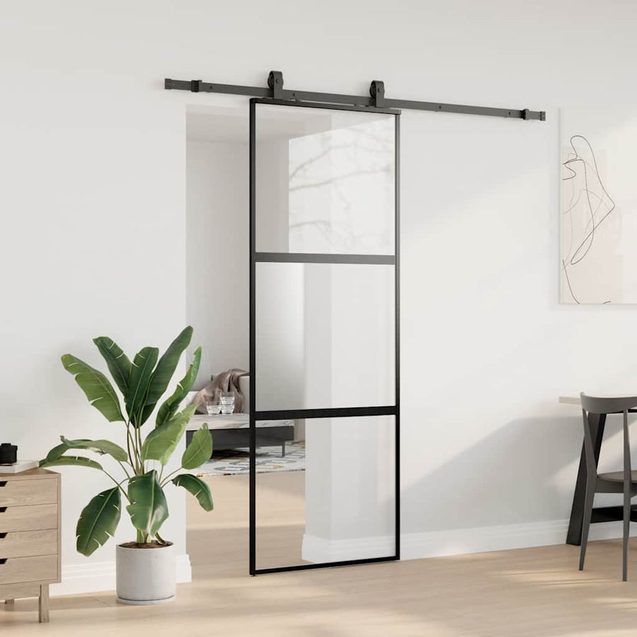 Schuifdeur met beslagset 76x205 cm gehard glas zwart