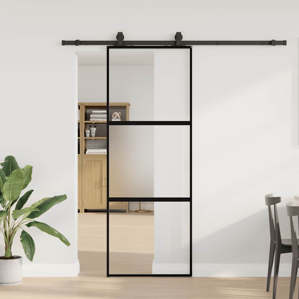 Schuifdeur met beslagset 76x205 cm gehard glas zwart