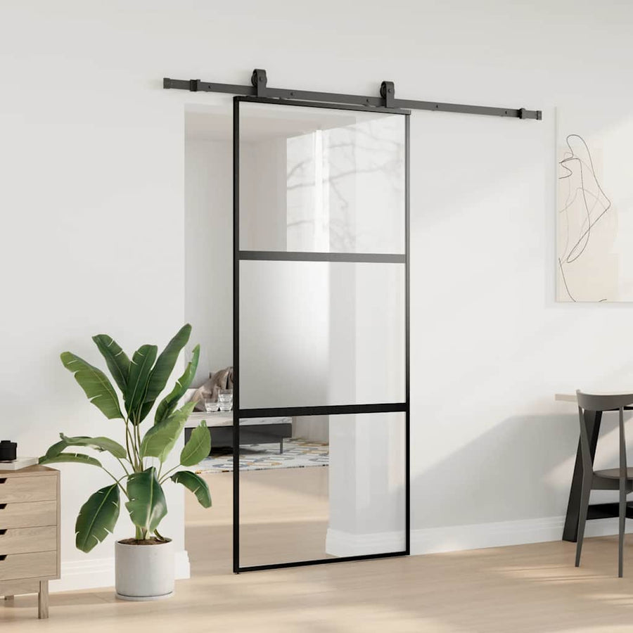 Schuifdeur met beslagset 90x205 cm gehard glas zwart