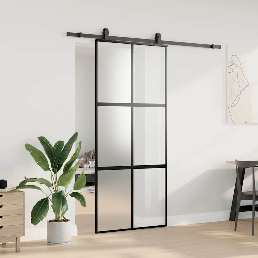 Schuifdeur met beslagset 90x205 cm gehard glas zwart