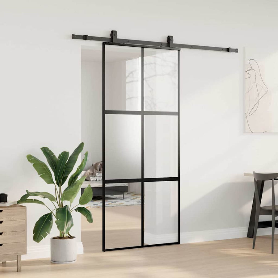 Schuifdeur met beslagset 90x205 cm gehard glas zwart