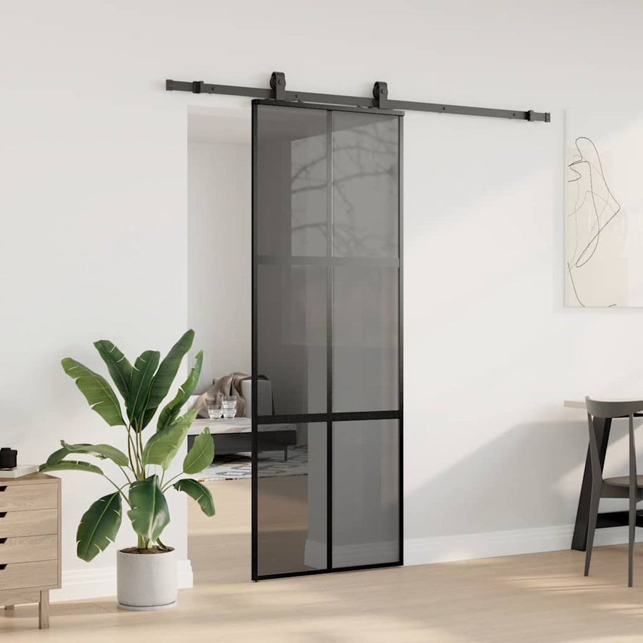 Schuifdeur met beslagset 76x205 cm gehard glas zwart