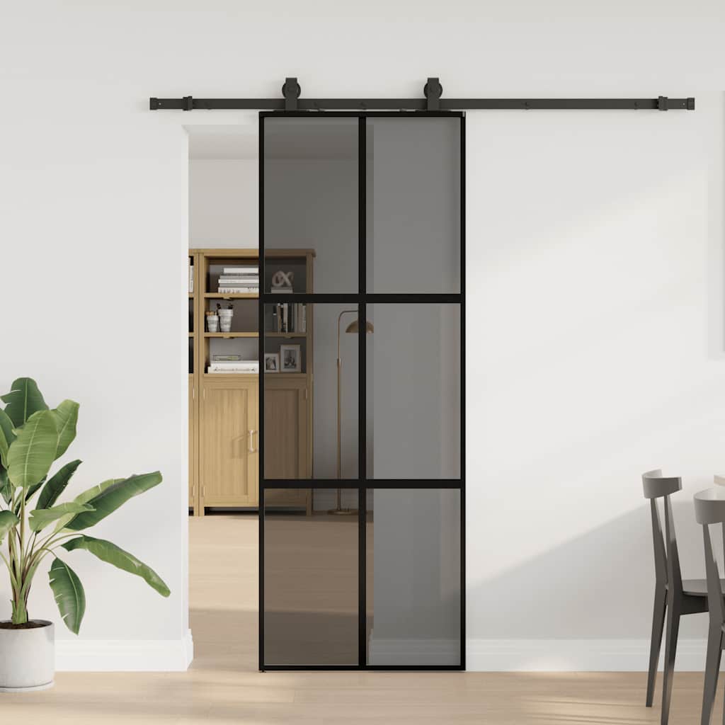 Schuifdeur met beslagset 76x205 cm gehard glas zwart