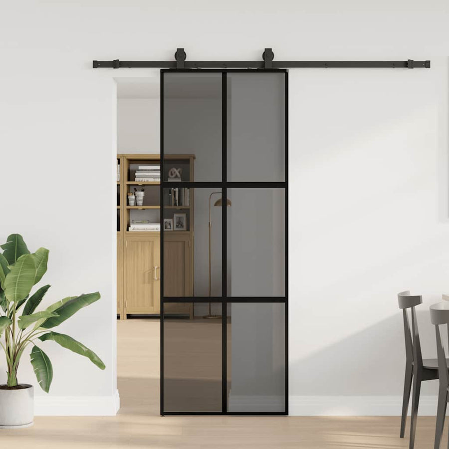 Schuifdeur met beslagset 76x205 cm gehard glas zwart