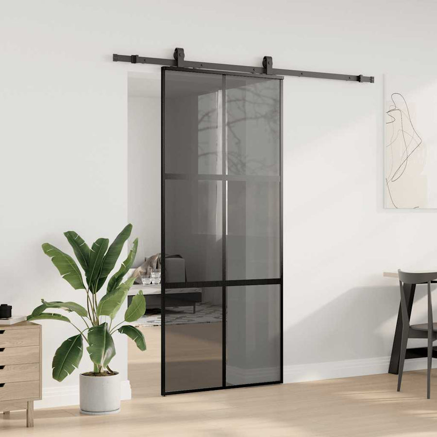 Schuifdeur met beslagset 90x205 cm gehard glas zwart
