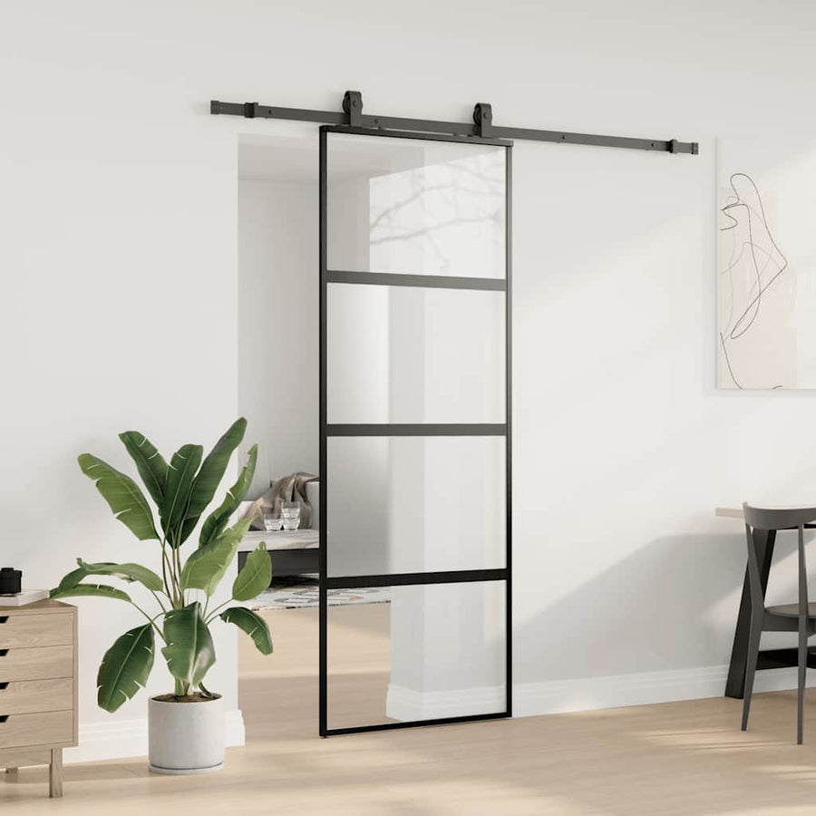 Schuifdeur met beslagset 76x205 cm gehard glas zwart