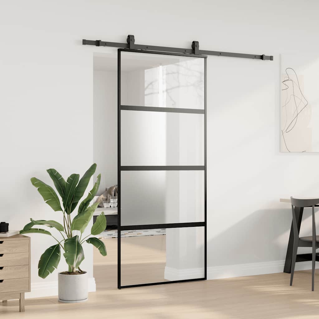 Schuifdeur met beslagset 90x205 cm gehard glas zwart