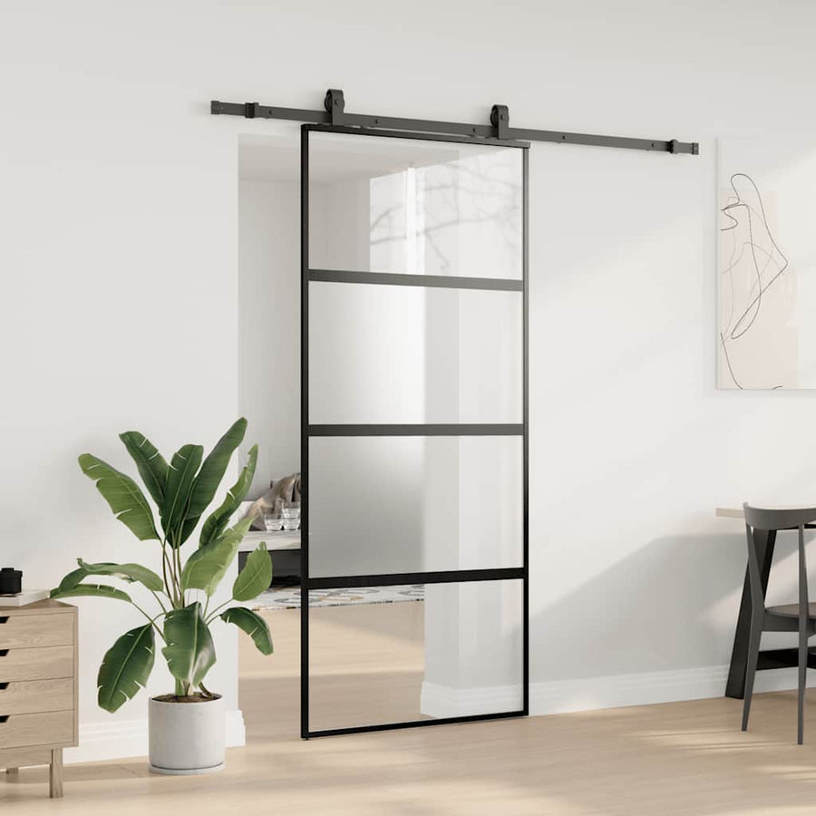 Schuifdeur met beslagset 90x205 cm gehard glas zwart