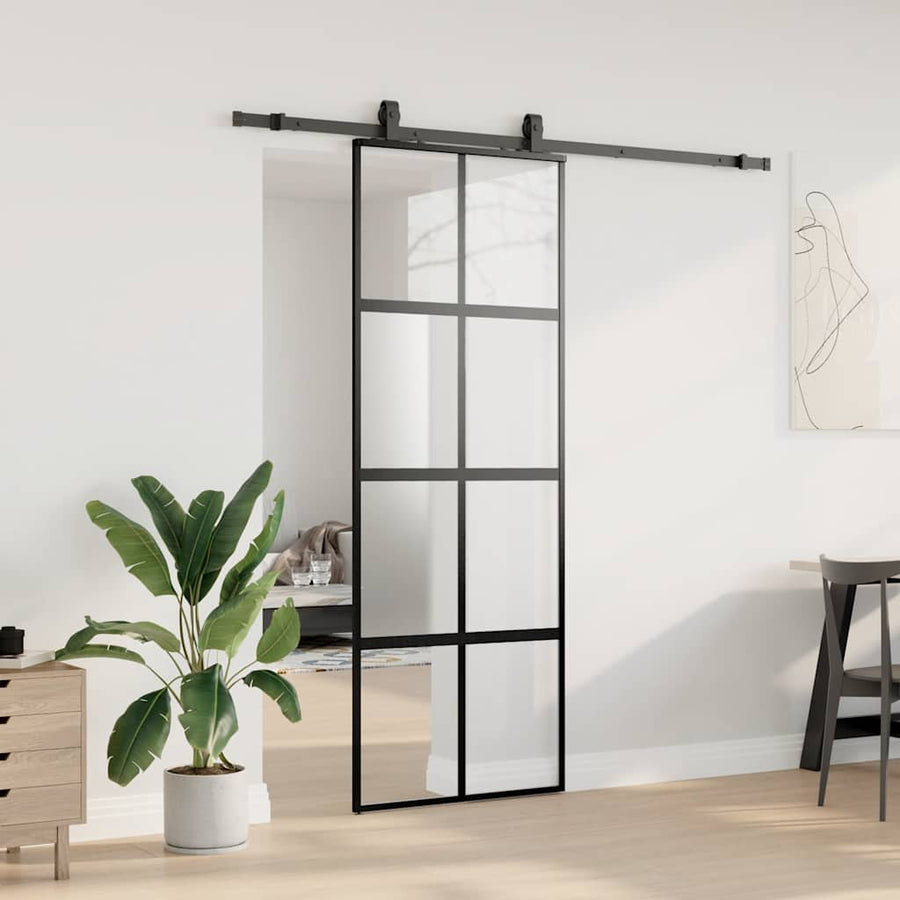 Schuifdeur met beslagset 76x205 cm gehard glas zwart
