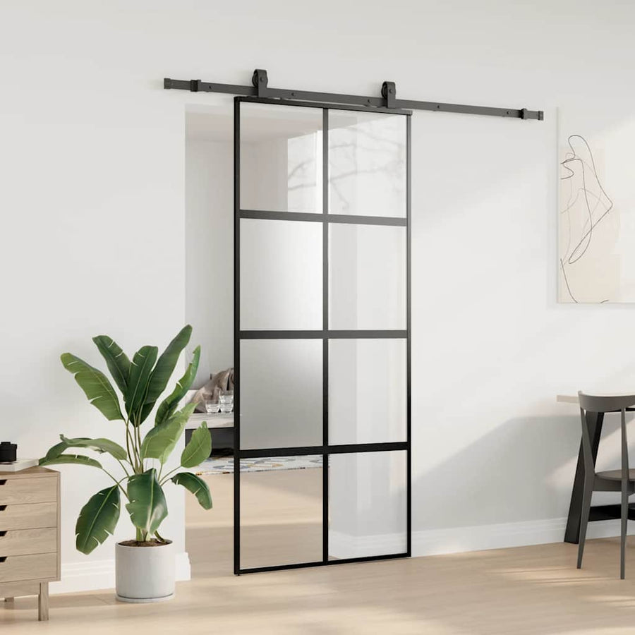 Schuifdeur met beslagset 90x205 cm gehard glas zwart