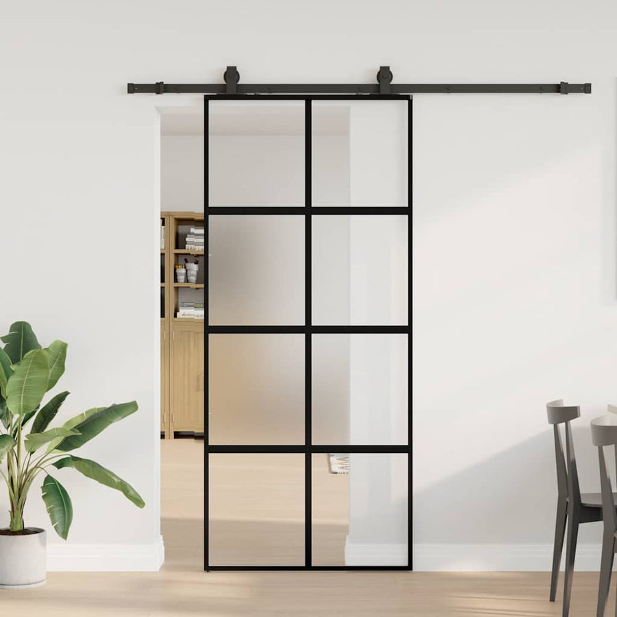 Schuifdeur met beslagset 90x205 cm gehard glas zwart