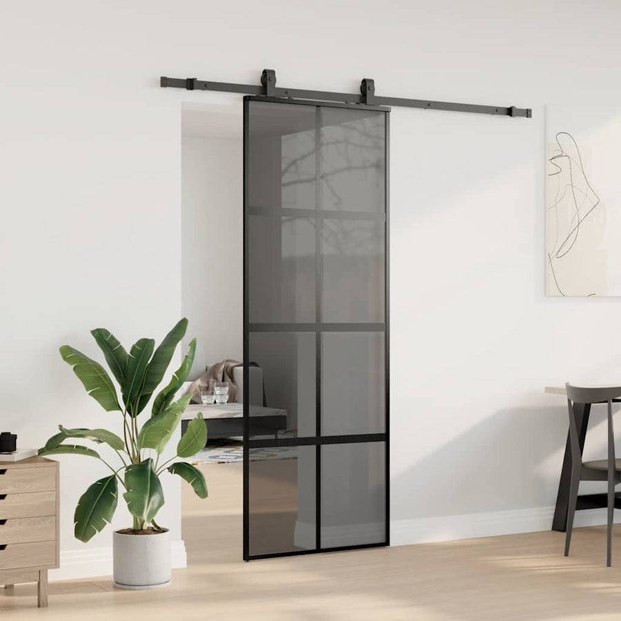 Schuifdeur met beslagset 76x205 cm gehard glas zwart