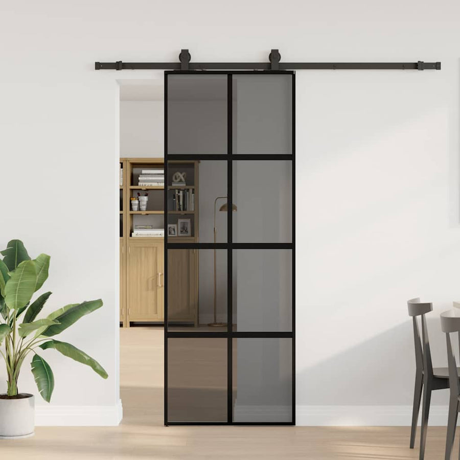 Schuifdeur met beslagset 76x205 cm gehard glas zwart