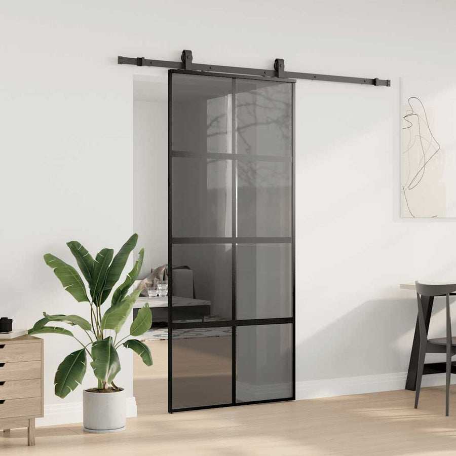 Schuifdeur met beslagset 90x205 cm gehard glas zwart