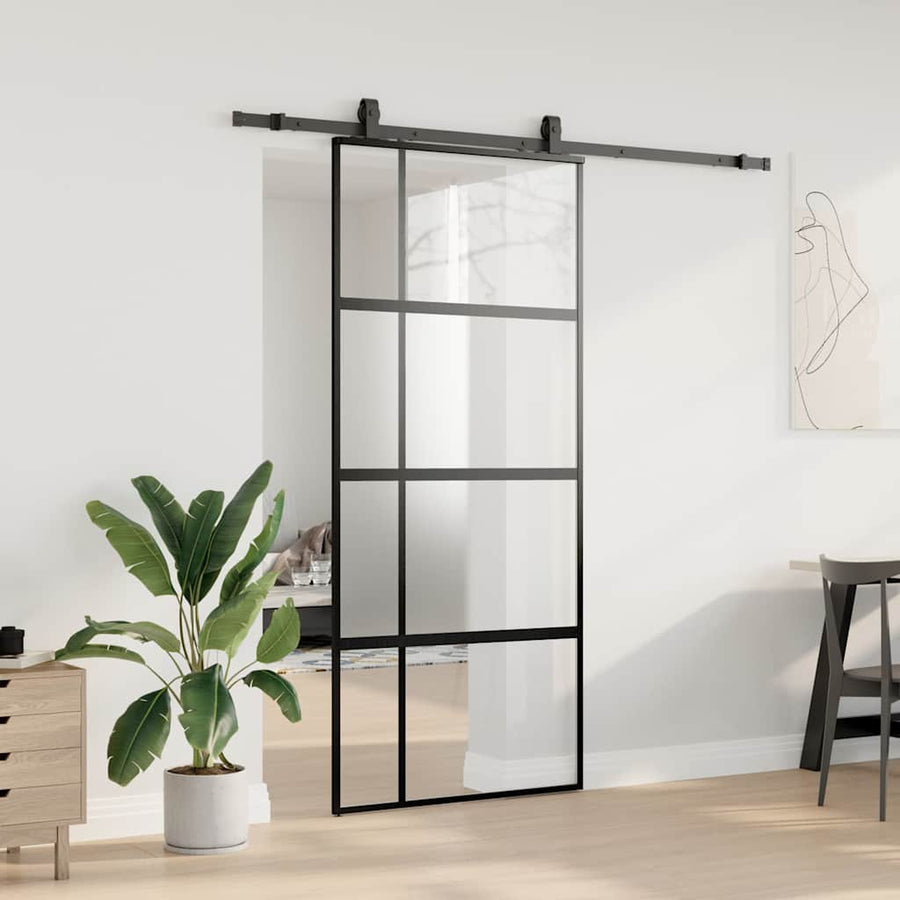 Schuifdeur met beslagset 90x205 cm gehard glas zwart