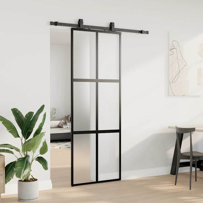 Schuifdeur met beslagset 76x205 cm gehard glas zwart