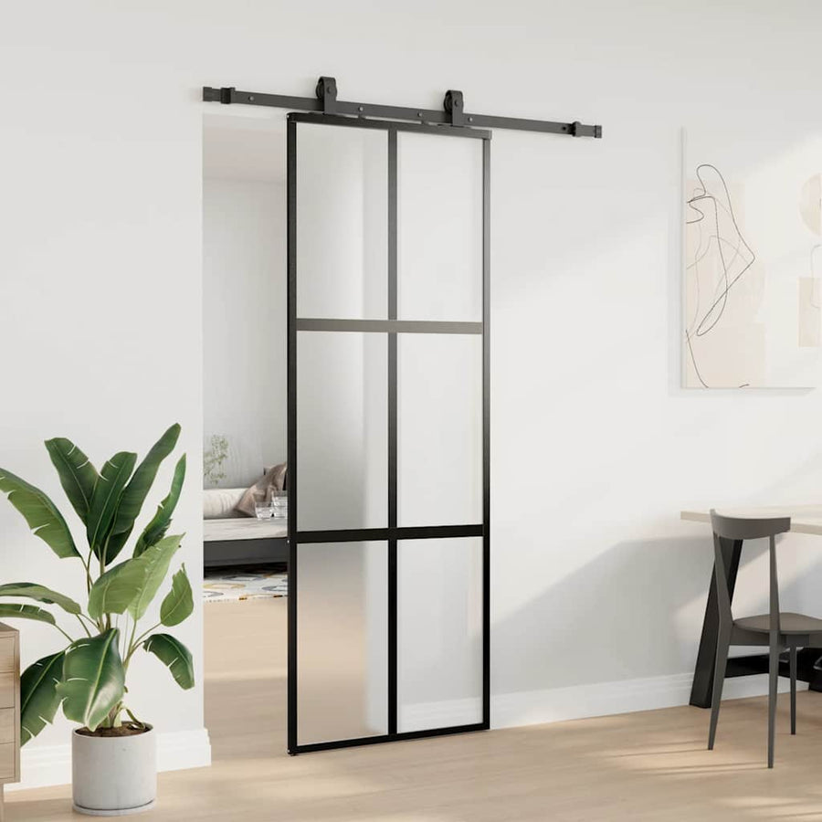 Schuifdeur met beslagset 76x205 cm gehard glas zwart