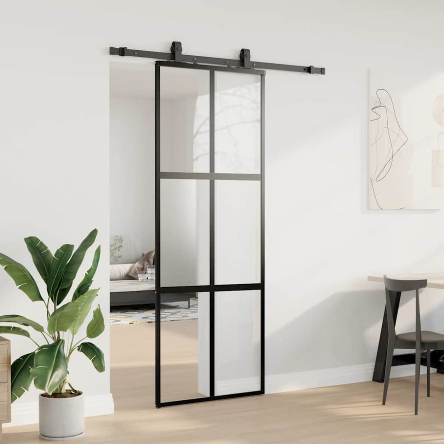 Schuifdeur met beslagset 76x205 cm gehard glas zwart