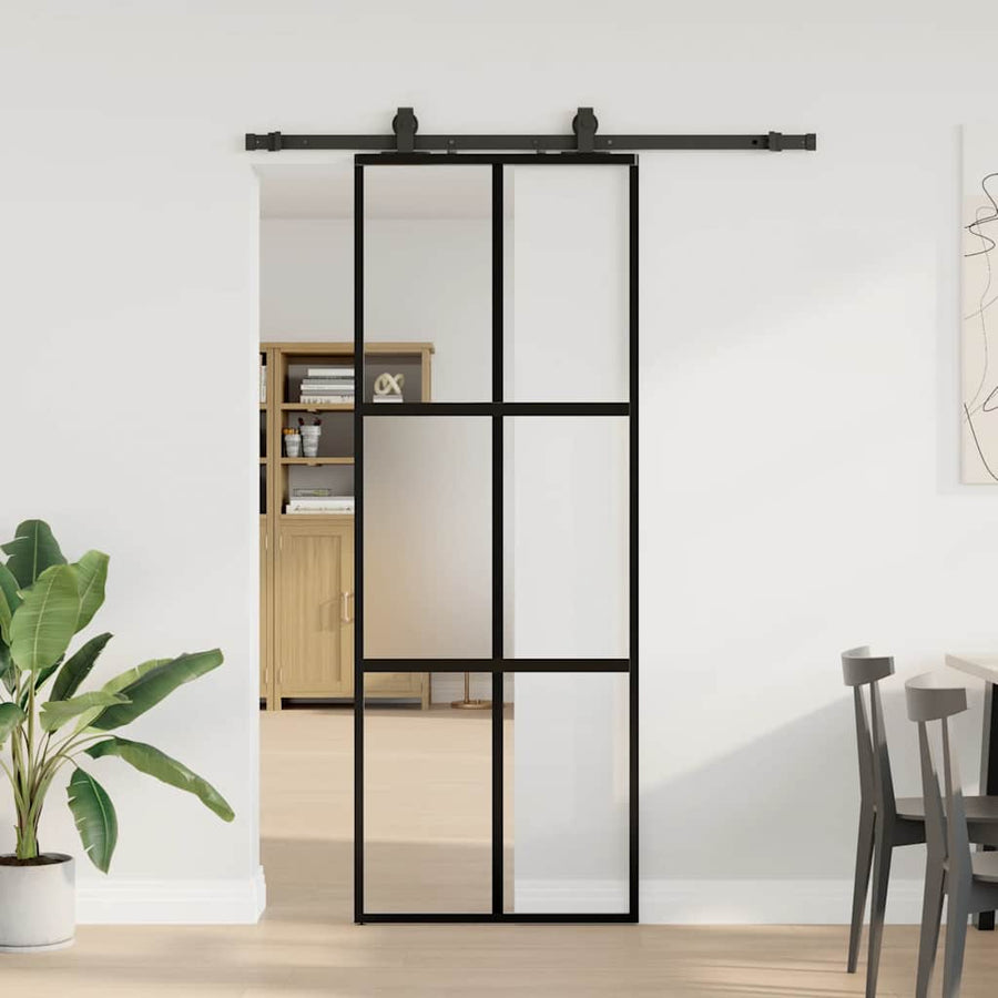 Schuifdeur met beslagset 76x205 cm gehard glas zwart