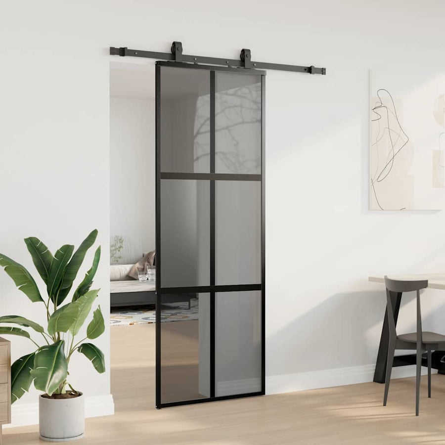 Schuifdeur met beslagset 76x205 cm gehard glas zwart