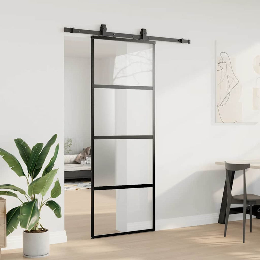 Schuifdeur met beslagset 76x205 cm gehard glas zwart