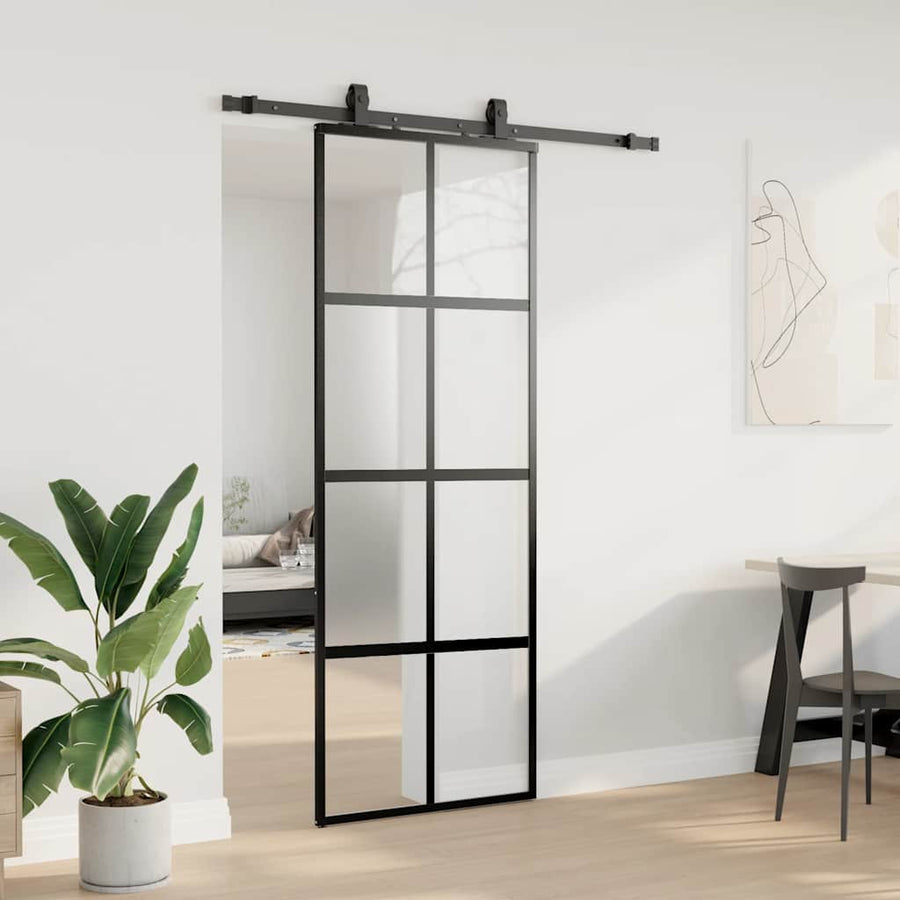 Schuifdeur met beslagset 76x205 cm gehard glas zwart