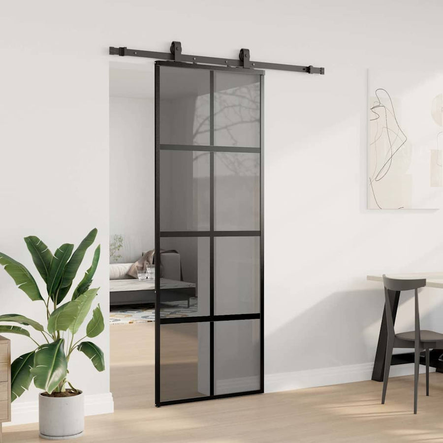 Schuifdeur met beslagset 76x205 cm gehard glas zwart