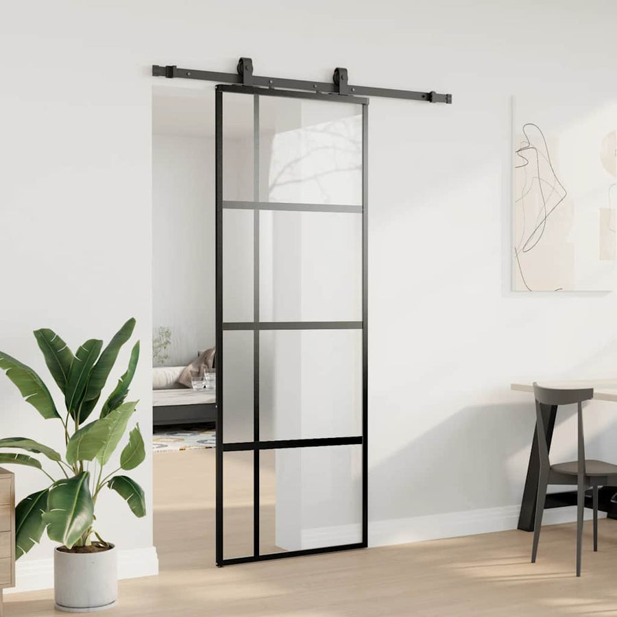 Schuifdeur met beslagset 76x205 cm gehard glas zwart