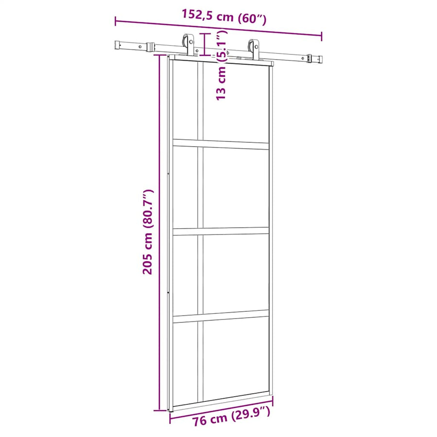 Schuifdeur met beslagset 76x205 cm gehard glas zwart