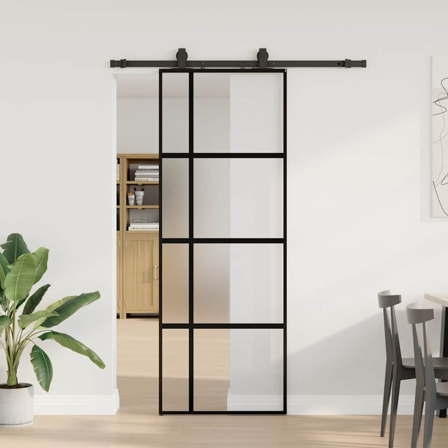 Schuifdeur met beslagset 76x205 cm gehard glas zwart
