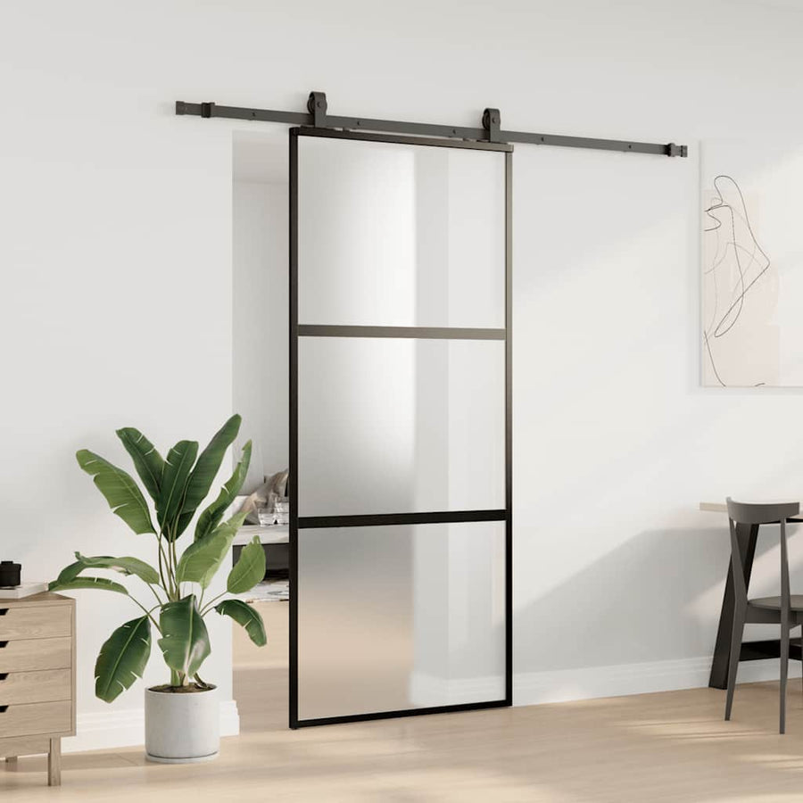 Schuifdeur met beslagset 90x205 cm gehard glas zwart