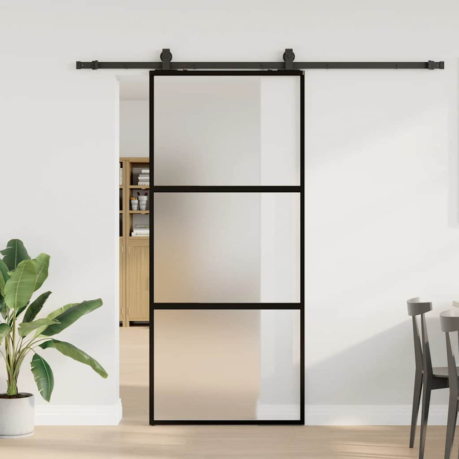 Schuifdeur met beslagset 90x205 cm gehard glas zwart